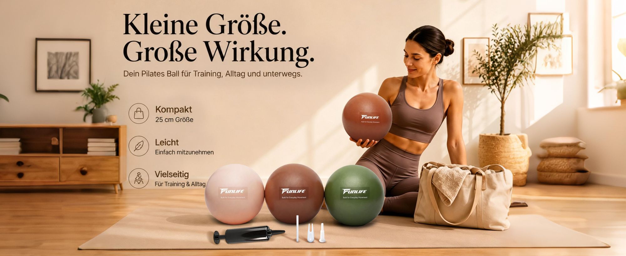 Kompakter 25-cm-Pilatesball mit Pumpe – leicht, vielseitig und ideal für unterwegs.