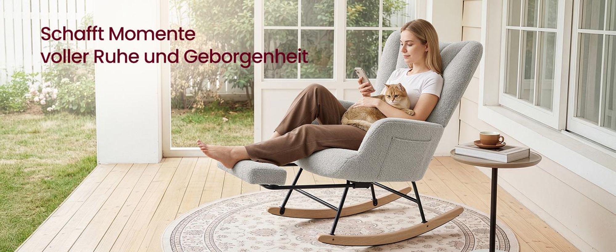 SONGMICS Schaukelstuhl mit ausziehbarer Fußstütze, Schaukelsessel, Holzbeine, Kissen, für Wohnzimmer, Fleece, grau