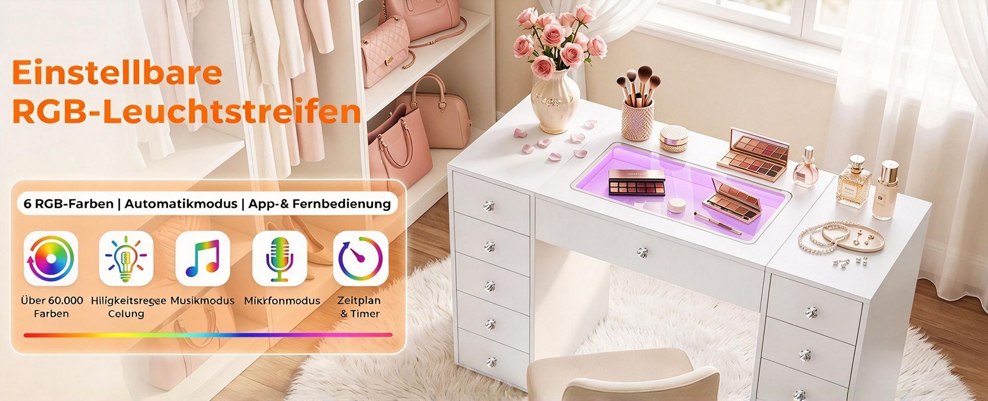VANITII Kaptafel met LED RGB-verlichting 11 lades Wit 130 x 55 x 81 cm