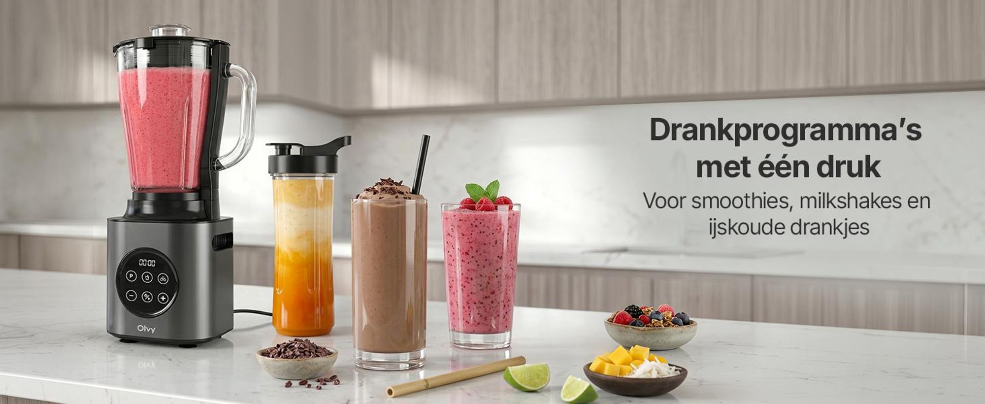Olvy staafmixer, 1000W, met 1,5 liter glazen kan en 600 ml Tritan-beker, 9 standen, pulsefunctie, ijsvermaal functie, smoothie- en milkshakefunctie