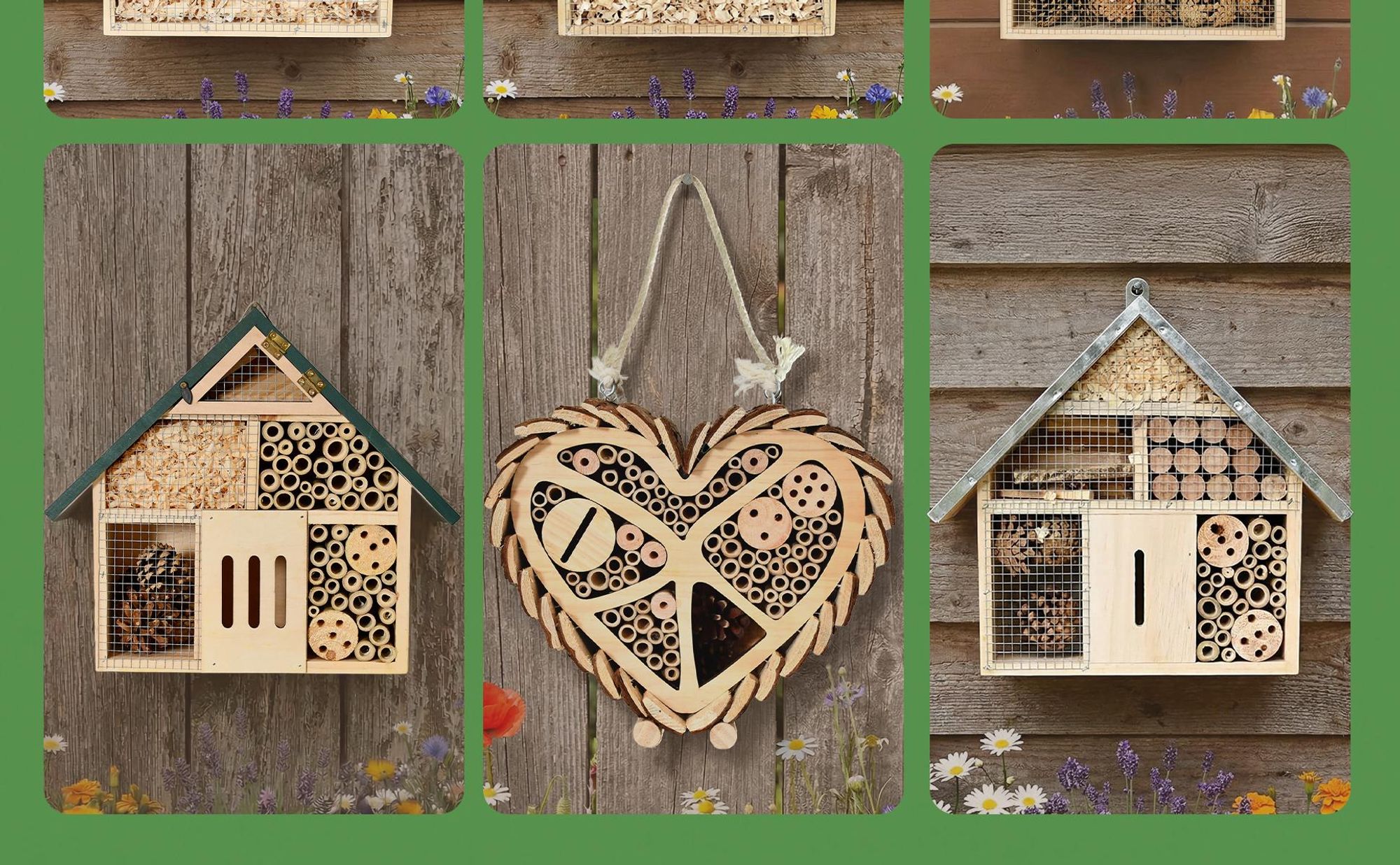 Insektenhotel Wetterfest Metalldach zooprinz | Massivholz | Aufhängbar | 31 x 50 cm | Bambus Holzspäne Holzlöcher Kiefernholz Tannenzapfen