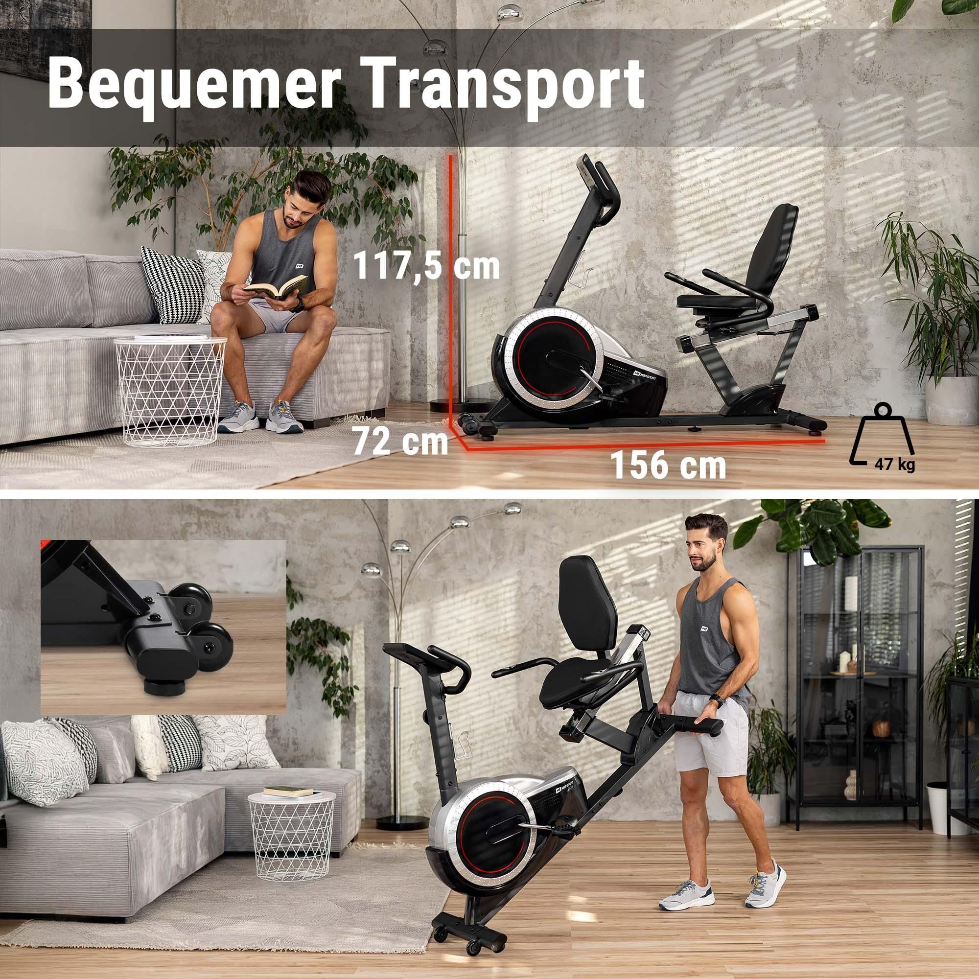 Hop-Sport Liegeergometer HS-060L - Liegeheimtrainer mit Handpulssensoren, 15 kg Schwungmasse, 8  Widerstandsstufen - Sitzergometer für Senioren max. Benutzergewicht 130 kg silber