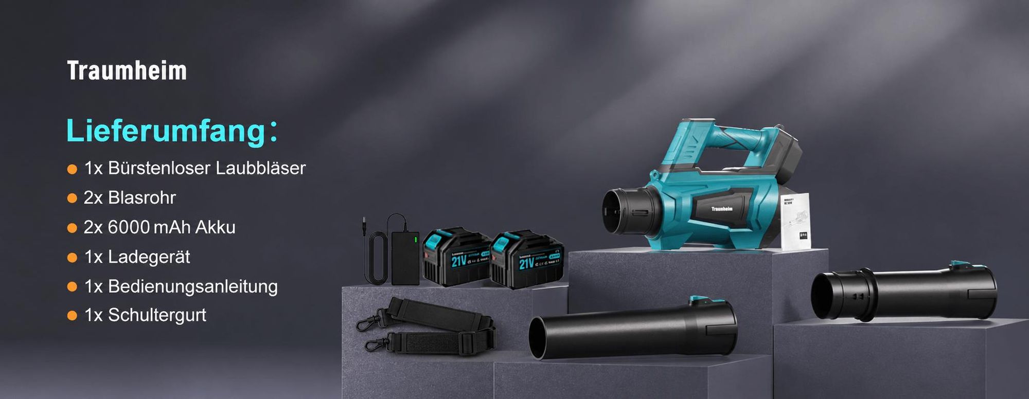 Akku Laubbläser 5 Stufe + Turbomodus, mit Bürstenloser Motor, 2x 6000mAh Akku und Ladegerät, 306 km/h, für Schnee, Laub, Auto, Garten, Winterdienst
