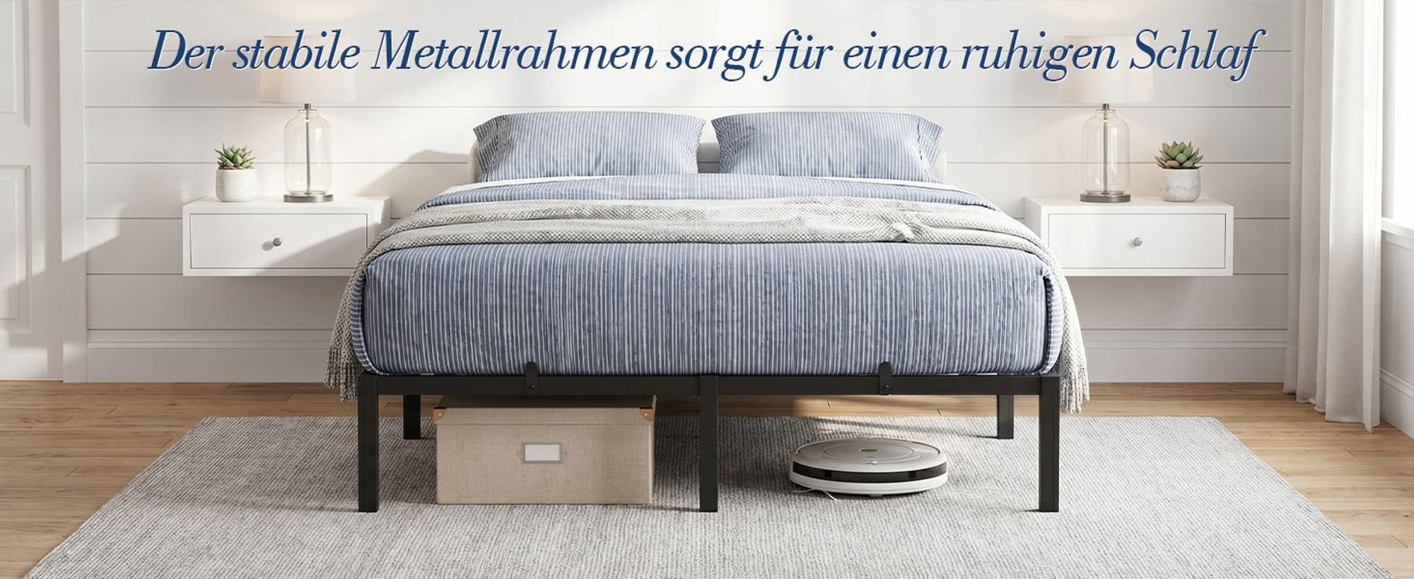 Metallbett 140x200 cm mit Lattenrost, Bettgestell aus Stahl & Holz, 360 kg Belastbar, 26 cm Stauraum, Geräuscharm, Einfache Montage, Schwarz