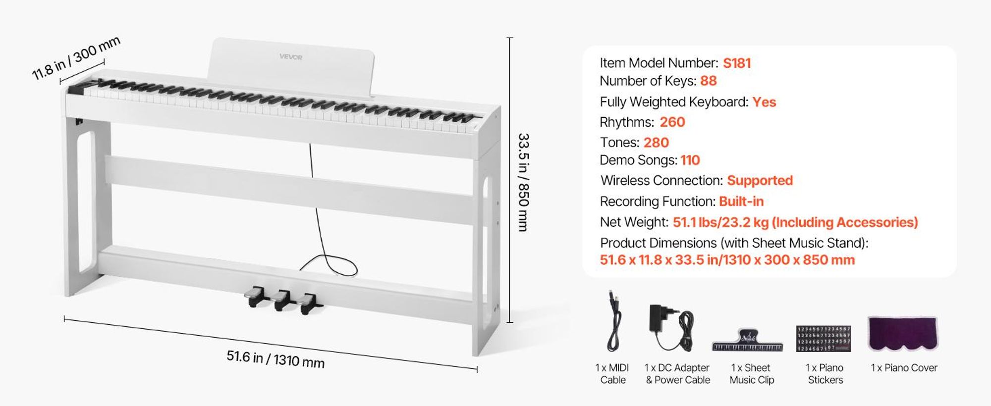 VEVOR Gewichtetes Digitalpiano, 88 Tasten vollgewichtet, E-Piano-Tastatur mit Möbelständer, Netzadapter, Dreifachpedal, Aufnahmefunktion, 280 Töne, Kabellose Verbindung, für Anfänger, Weiß
