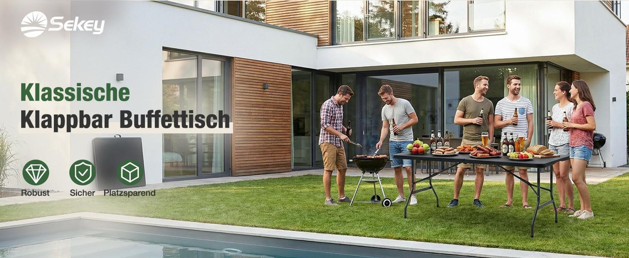 Sekey Buffettisch Klappbar Campingtisch Kunststoff mit Tragegriff, 152x70cm, Schwarz