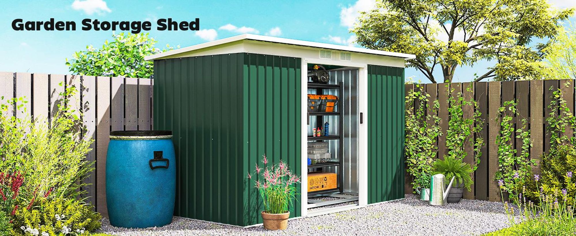 Metalowa szopa narzędziowa Outsunny 6,3 m³ 280x130x172 cm z dachem jednospadowym, drzwiami przesuwnymi, odporna na warunki atmosferyczne, ogrodowa szopa ogrodowa, szafka, do ogrodu, na zewnątrz, antracyt, ciemnozielony