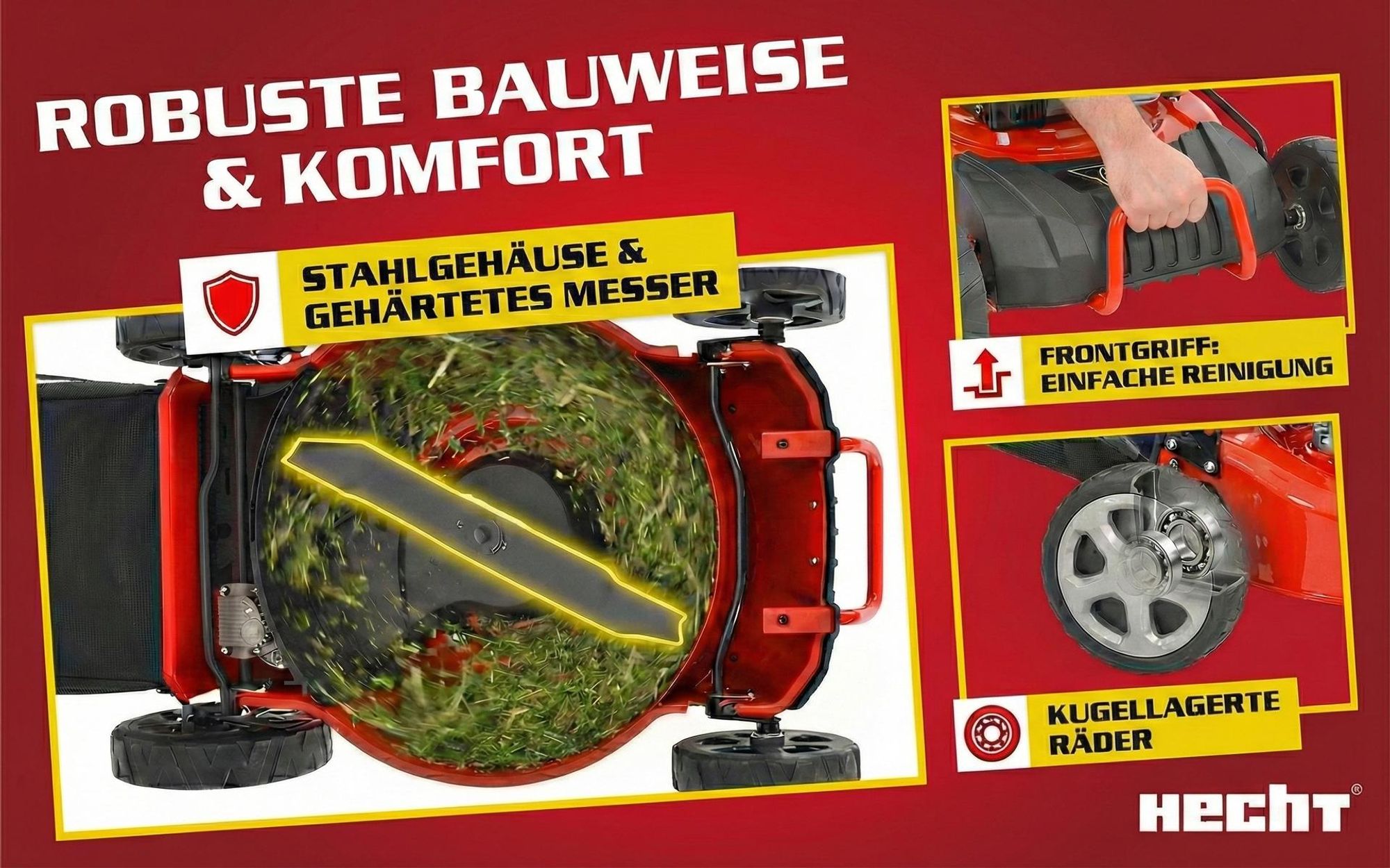 HECHT Rasenmäher Benzin mit Antrieb 547 SXW | 5in1 | 46 cm Schnittbreite | 5,5 PS | Mulchkit | 55 L Fangkorb