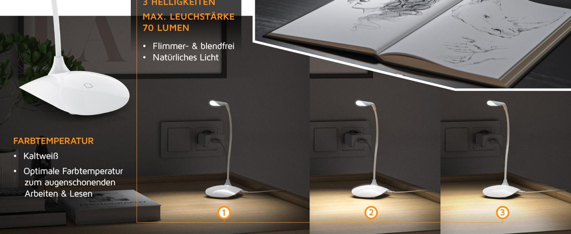 Brandson LED-Schreibtischlampe weiß, Drei Helligkeitsstufen im Vergleich, max. 70 Lumen