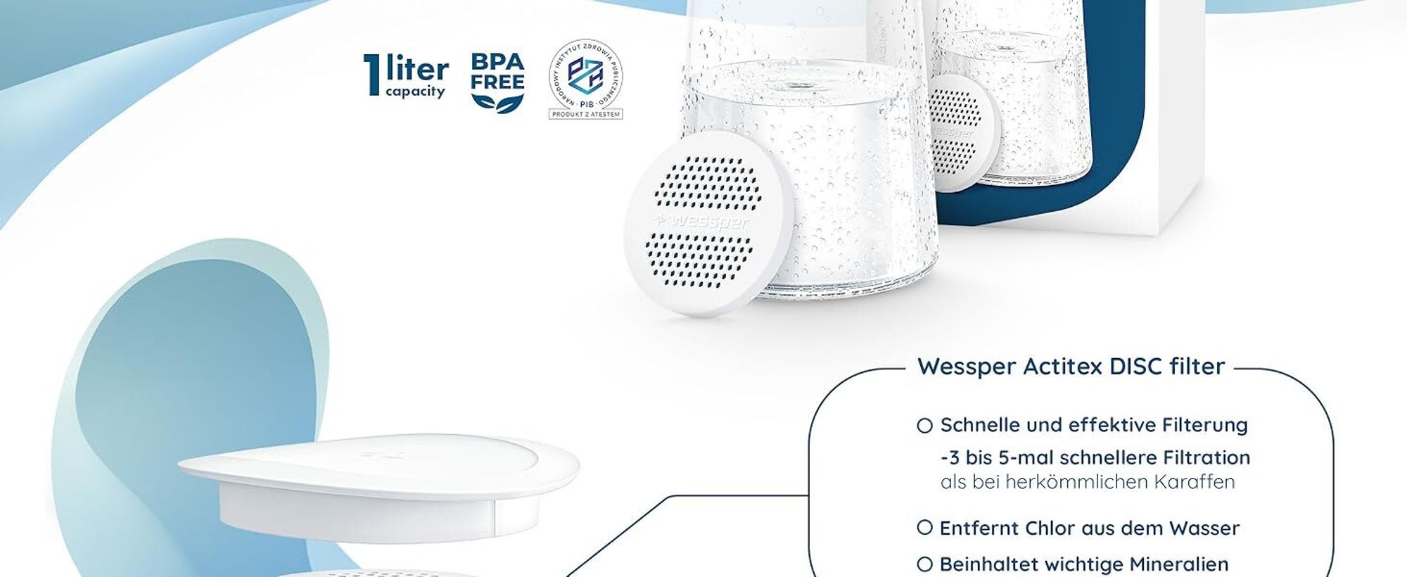 Wessper Glaskaraffe mit Deckel, Wasserkaraffe,glaskaraffe mit deckel mit Wasserfilter, glaskaraffe 3 liter für Saftgetränke Eistee Wasser Kaltes