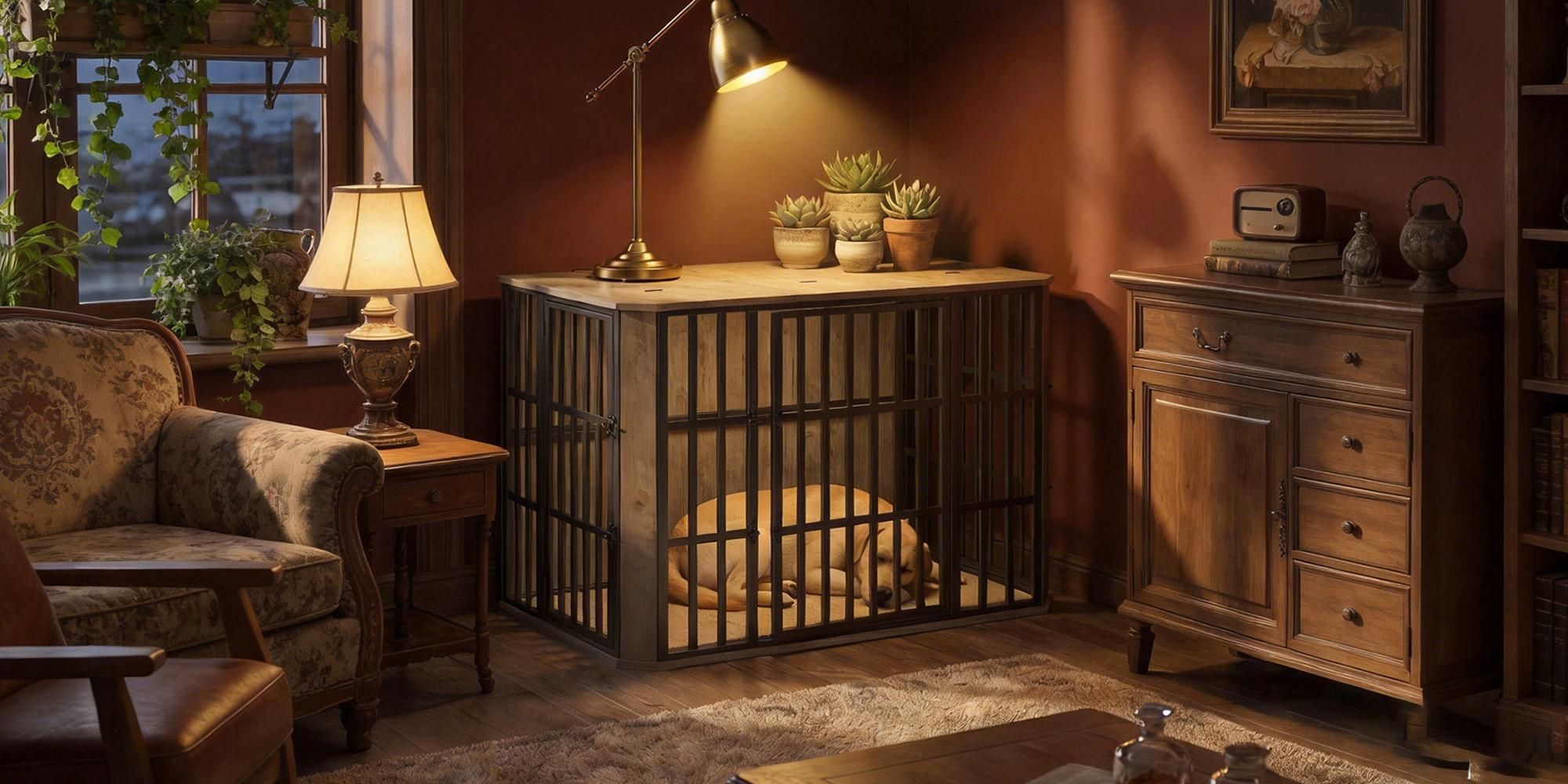 Hundekäfig Möbel, Hundebox Möbel, Mehrtür-Design, Hell Elfenbein | Hundebox aus Holz für den Innenbereich mit Futtertür Oben