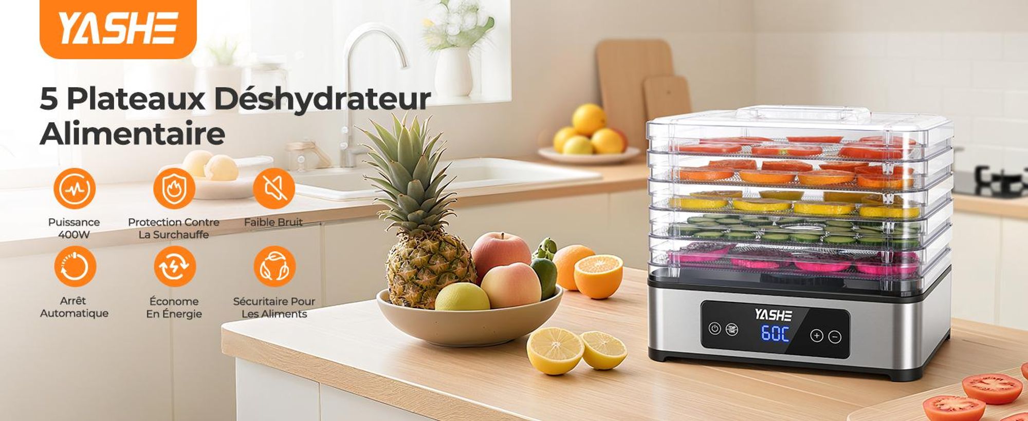 Déshydrateur YASHE FD-1019 5 grilles inox, 400 W, 35–70 °C