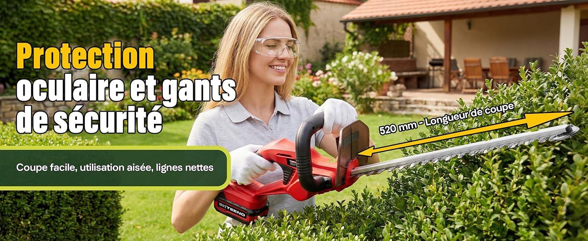 TEENO Heckenschere Akku 20 V: Elektrische Heckenschere mit 1 Akku 4000 mAh, Klinge 52 cm, Schnitt 16 mm, 180° drehbarer Griff, für Garten, Hecken