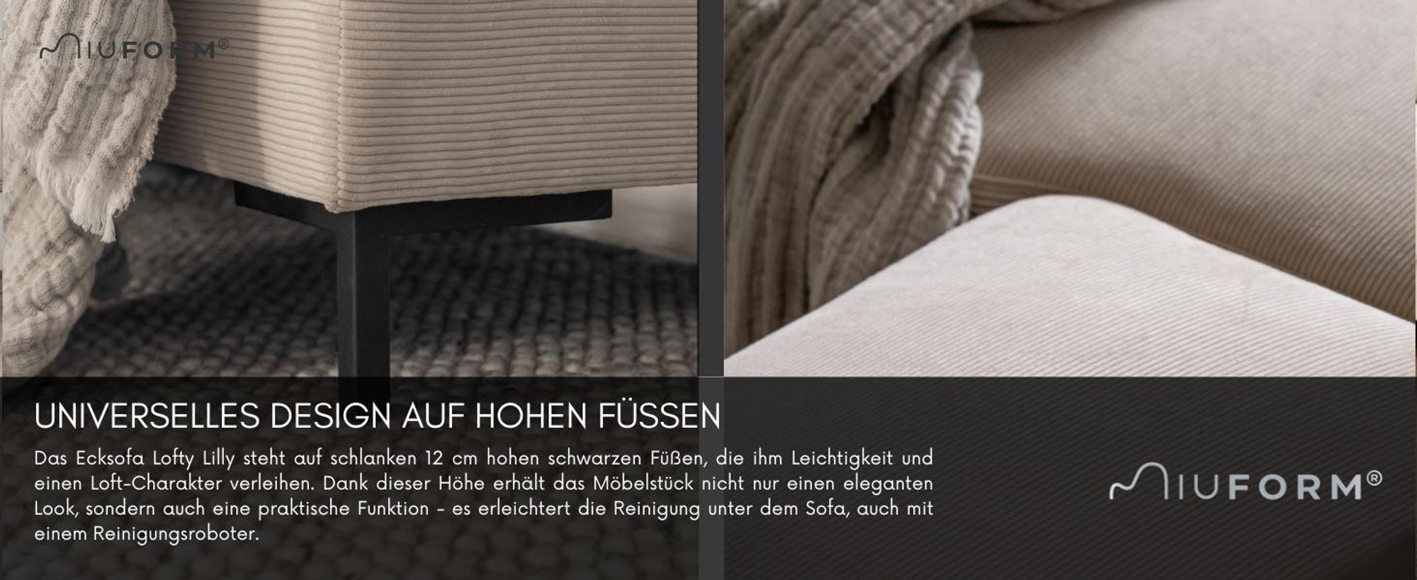 MIUFORM Lofty Lilly - Ecksofa mit Bettfunktion und Bettkasten L-FORM RECHTS - 236x148cm - Beige - Sofa Schlafsofa Couch
