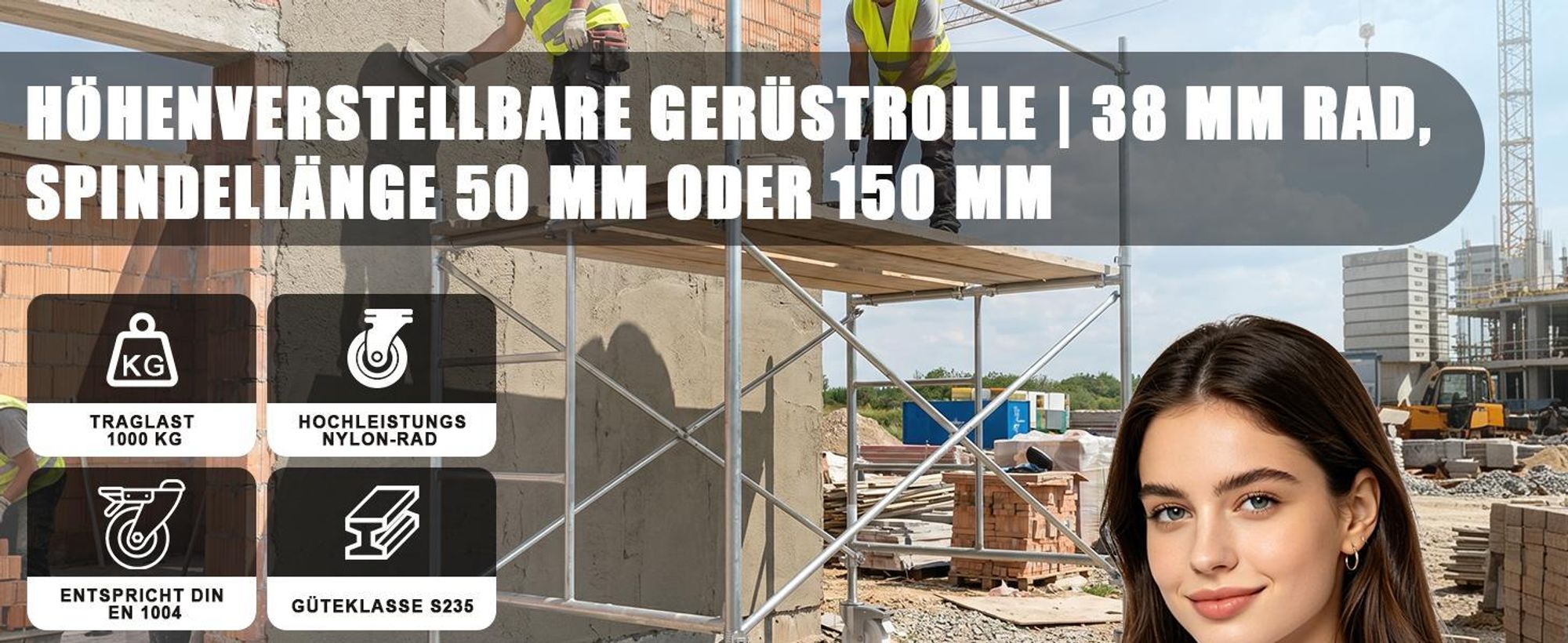 4 Stück Gerüstrollen mit Stahlspindel, 150mm Gerüsträder mit Bremsen, Ø38mm Spindelrollen Gerüst Räder Rollen für Gerüstsysteme 1000kg Tragfähigkeit