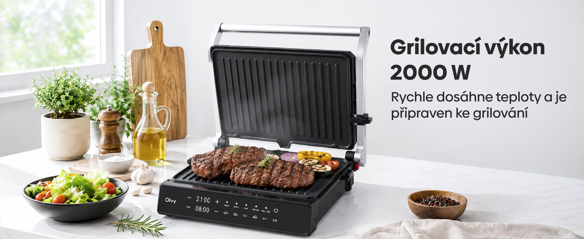 Kontaktní gril Olvy, 2000 W, elektrický gril a sendvičovač, 5 programů, panini gril, grilovací toustovač pro vnitřní použití, desky bez PFAS, stolní gril
