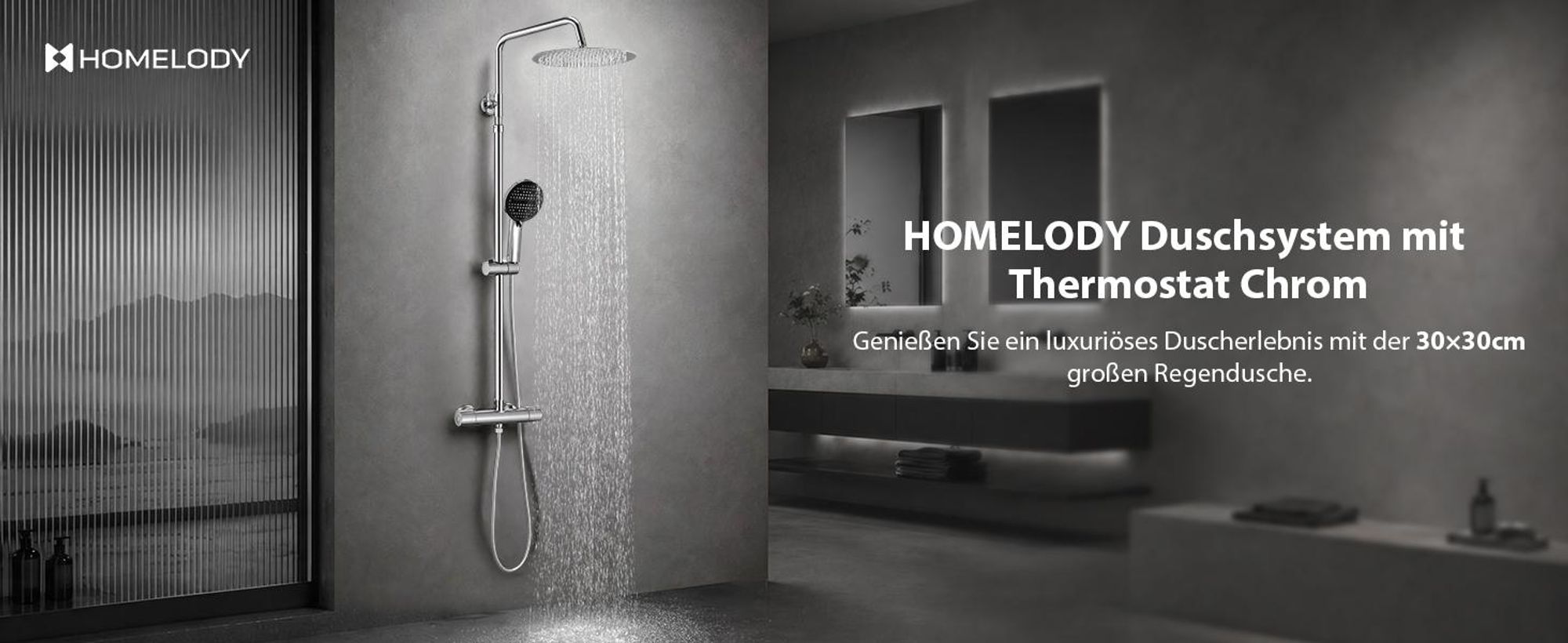 Homelody Duschsystem Thermostat Duschset Chrom 12" Regendusche 6 Funktionen Handbrause SUS304 Edelstahl Kopfbrause, 38°C Verbrühschutz