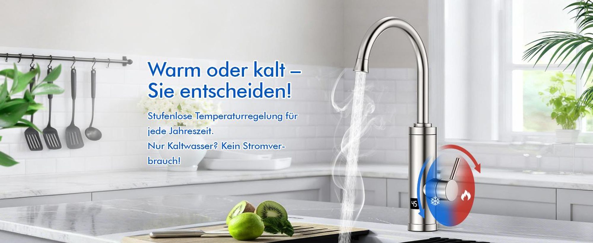 Homelody Elektrischer Wasserhahn mit Durchlauferhitzer, 230V 3300W Elektrischer Küchenarmatur mit LED Temperaturanzeige 360° Drehung SUS304 Edelstahl