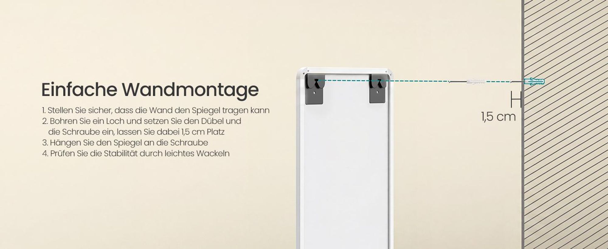 SONGMICS Ganzkörperspiegel Hängespiegel für Tür und Wand, Bruchsicheres Glas, Aluminiumrahmen, 120 x 40 x 1,3 cm, Weiß