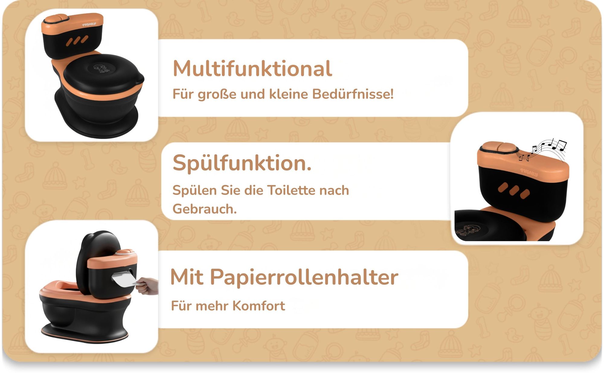 Twinky® Töpfchen für Kinder und Baby – 3-in-1 Toilettentrainer mit Musik- und Spültaste – Toilettensitz mit Deckel und WC-Rollenhalter