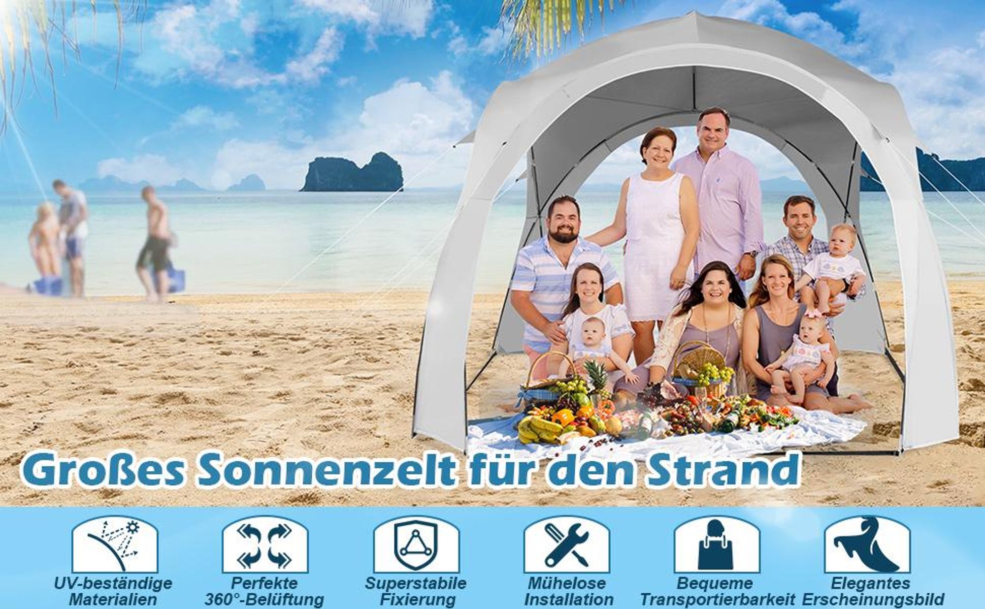 COSTWAY Partyzelt Pavillon weiß, Gartenzelt Gartenpavillon Strandzelt UPF50+ Sonnenschutz, Terrassenzelt für 6-8 Personen Camping Strand 327x327x270cm