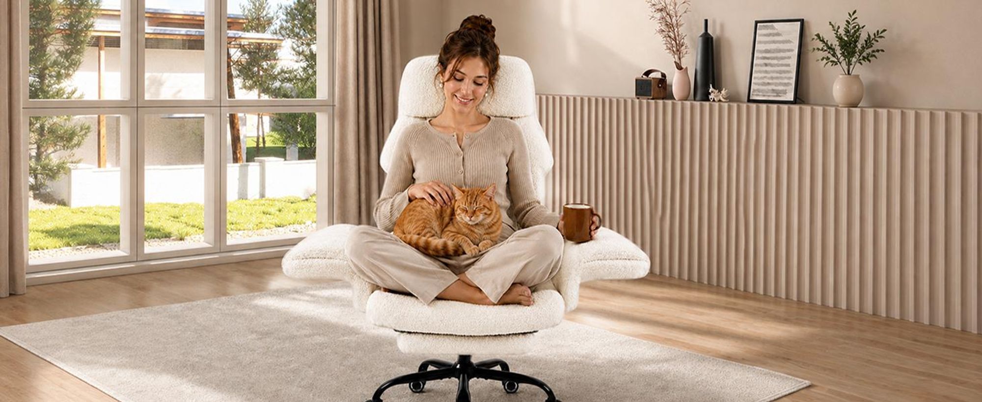 Drehstuhl Bürostuhl Ergonomisch mit klappbaren Armlehnen, Gaming Stuhl mit Fußstütze & 135° Verstellbarer Rückenlehne, Weiß -Teddy-Fleece-Stoff