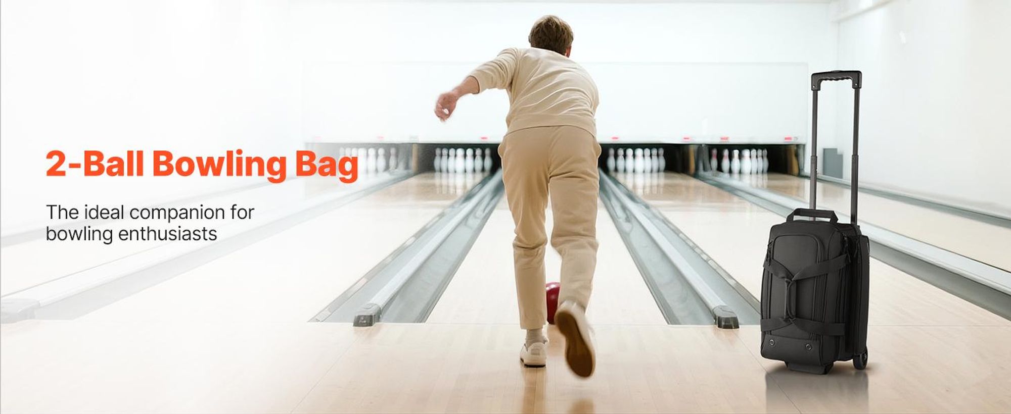 VEVOR Bowlingballtasche, 2-Ball-Doppelroller-Bowlingtasche mit Rädern, mit einem separaten Fach für Schuhe (bis US-Größe 16) und übergroßer Zubehörtasche, ausziehbarer Griff bis 1050 mm, Schwarz-2 Bälle