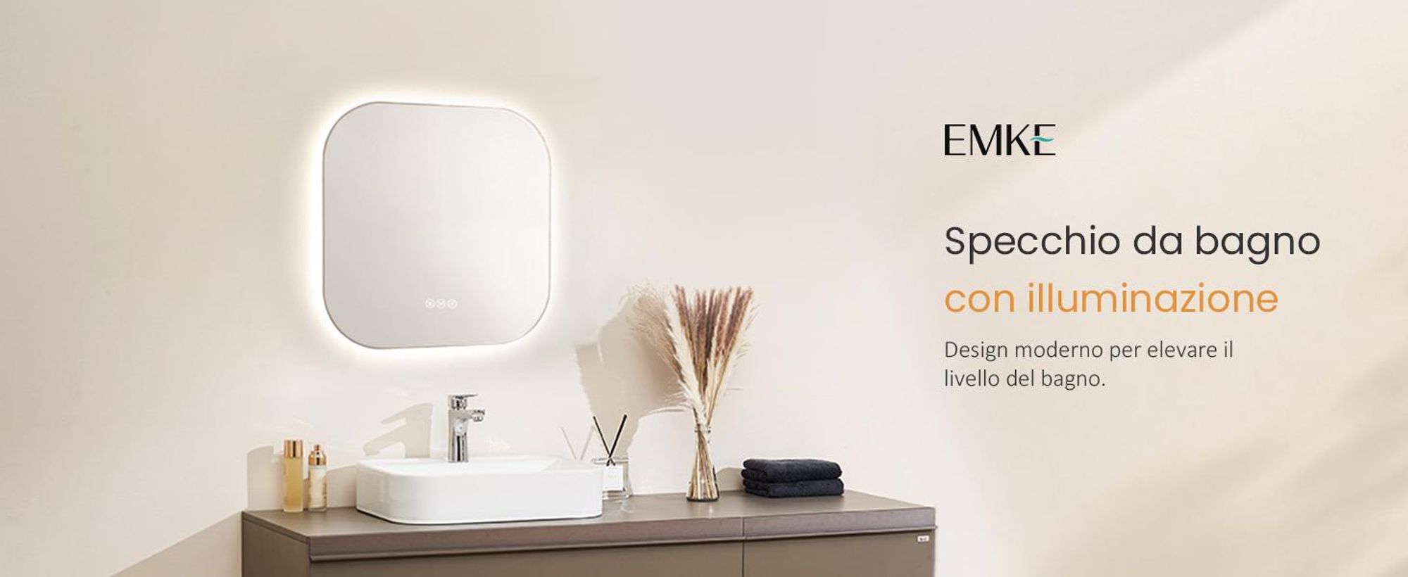 Specchio da bagno EMKE LED 50 x 50 cm specchio da bagno senza nebbia, specchio da bagno a 3 colori luminosi con interruttore a sfioramento, specchio da parete dimmerabile con funzione di memoria