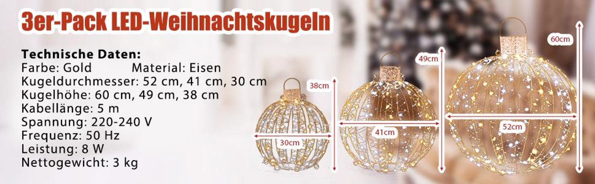 COSTWAY 3er Set LED Dekokugel mit Lichterkette, 180 warmweißen & 180 weißen Lichtern, LED Kugeln zum Hinhängen & Hinstellen, Deko Beleuchtung, Kugelleuchten für Weihnachten