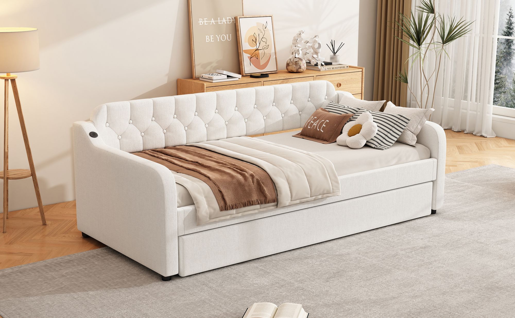 Merax Tagesbett  90x200cm/180x200cm Ausziehbett, Erweiterbares Schlafsofa mit USB und Lattenrost, Leinen Polsterbett Kinderbett Sofabett, Beige