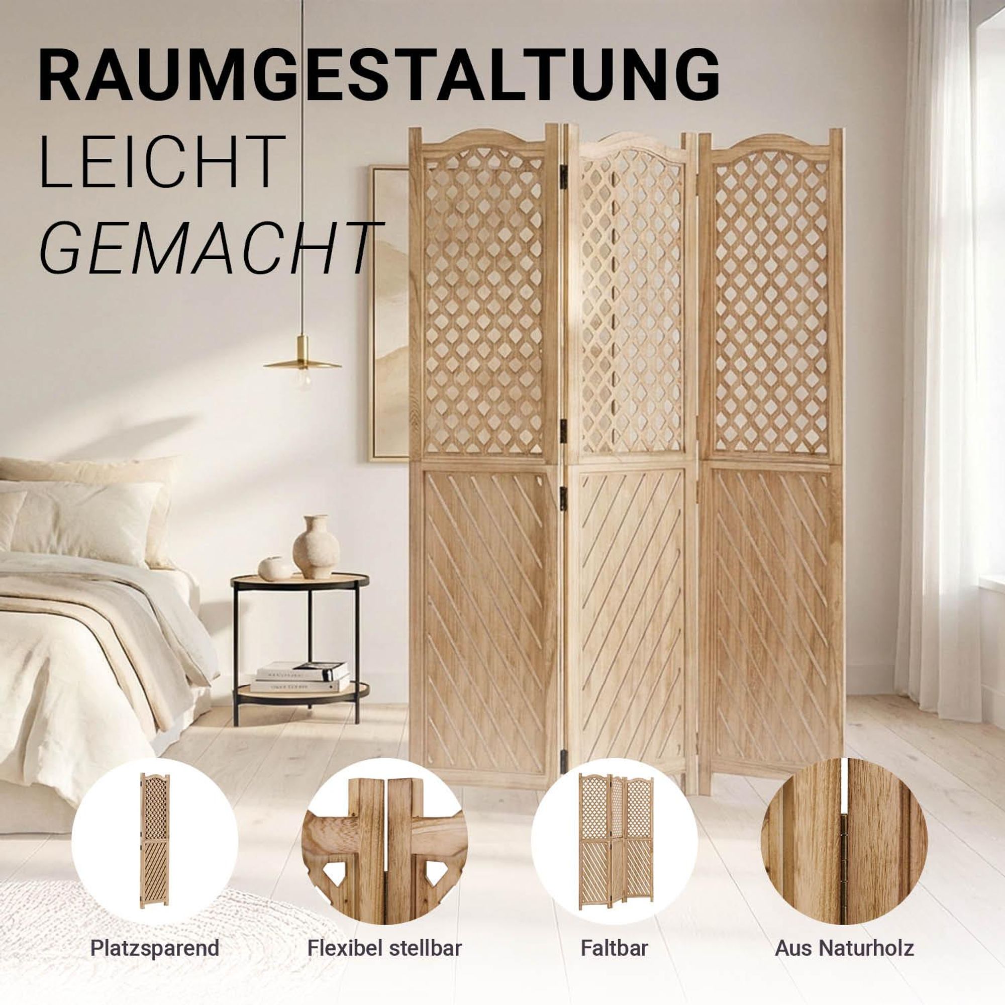 Der Paravent steht im Schlafzimmer neben einem Bett. Er ist platzsparend und zusammenfaltbar.