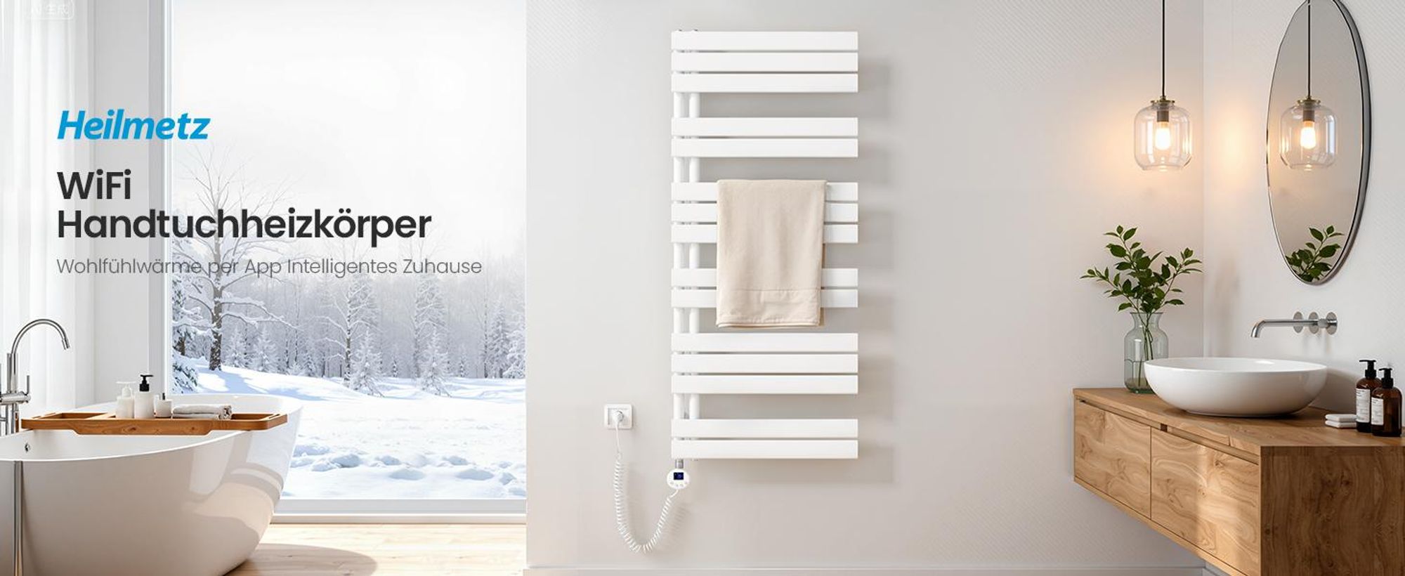 Heilmetz WLAN Elektrischer Handtuchheizkörper 90x50cm Weiß, 400W Badheizkörper Flachrohr, Smart Heizkörper Handtuchtrockner mit App & Timer