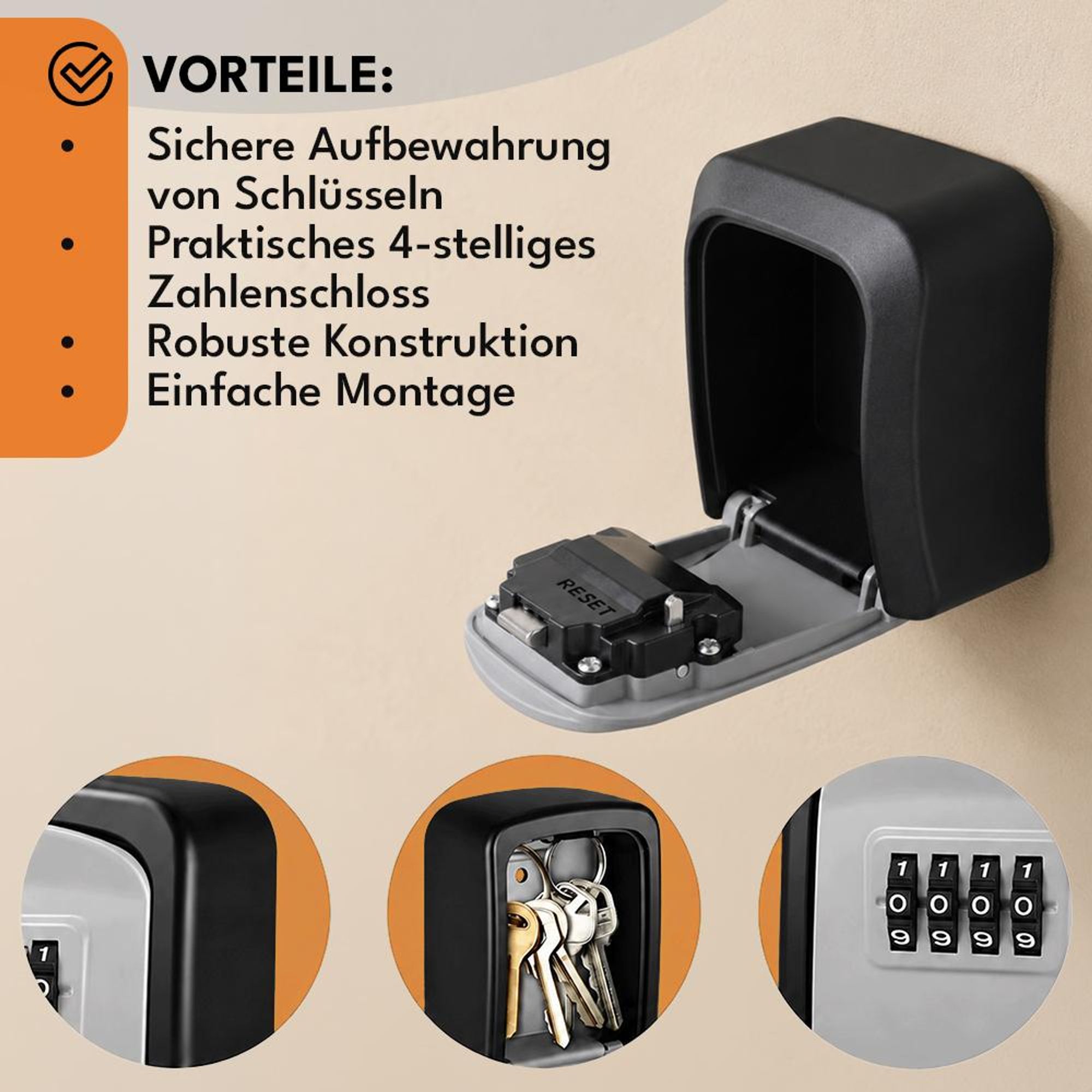 KRUMAD Schlüsseltresor mit 4-stelligem Zahlencode, Schlüsselkasten zur Wandmontage, Schlüsselbox mit Schutzklappe für Haus & Büro