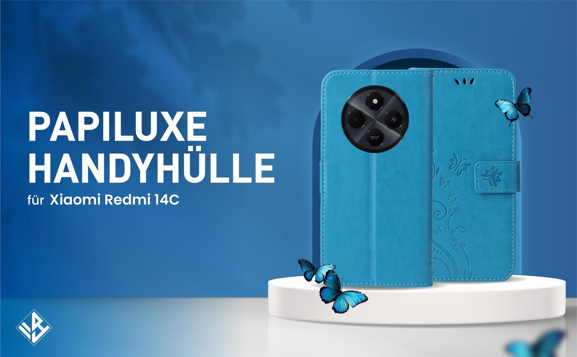 Blaue Klapphülle im Schmetterling Design für Xiaomi Redmi 14C mit Wallet-Funktion