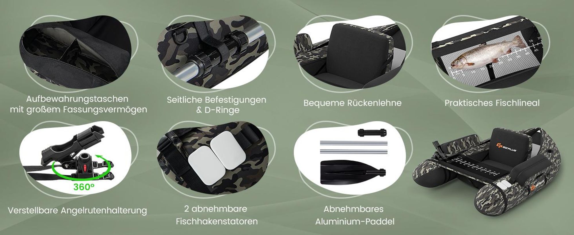GOPLUS Bellyboot, Belly Boat bis 150 kg belastbar, aufblasbares Schlauchboot zum Angeln mit Alu Paddel, Pumpe,135 x 109 x 54 cm, Beige+Schwarz