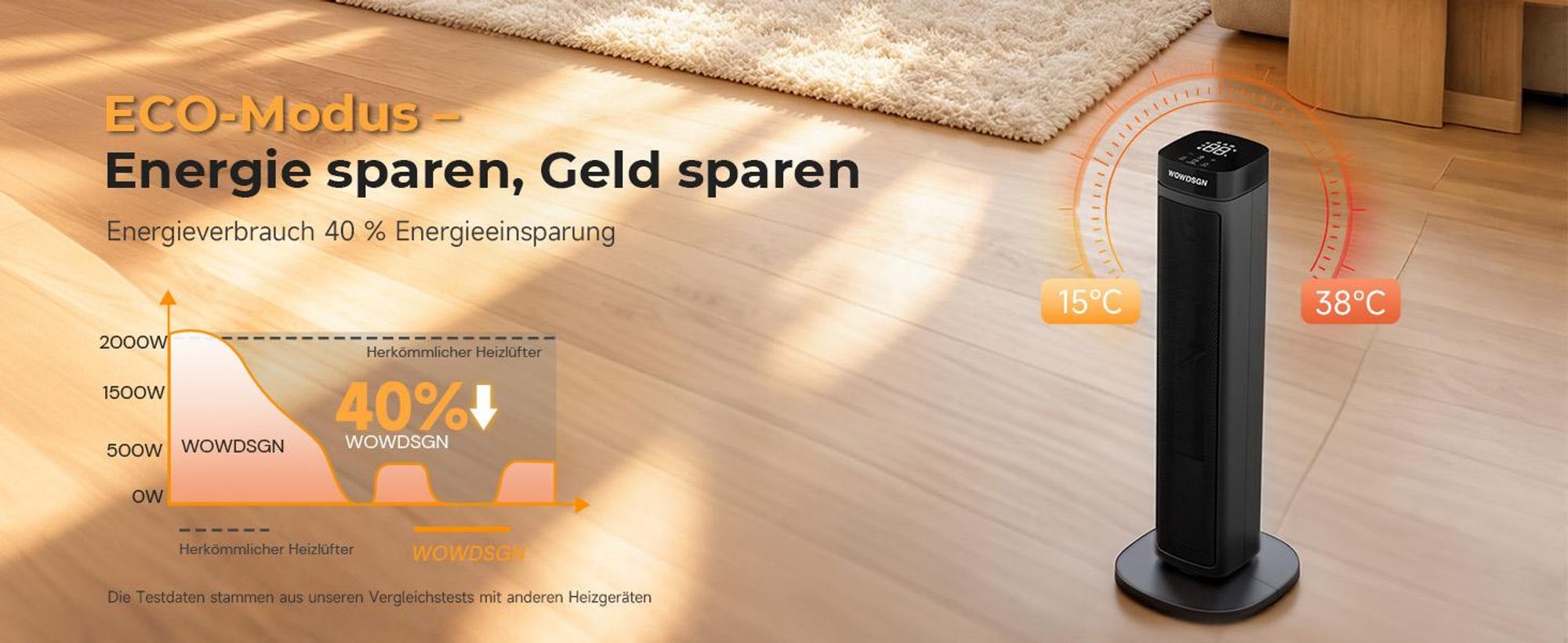 WOWDSGN Keramik-Heizlüfter leise 34dB, energiesparend, 2000W PTC Turm-Heizgebläse, Thermostat, ECO-Modus, Oszillation, Fernbedienung, Schwarz