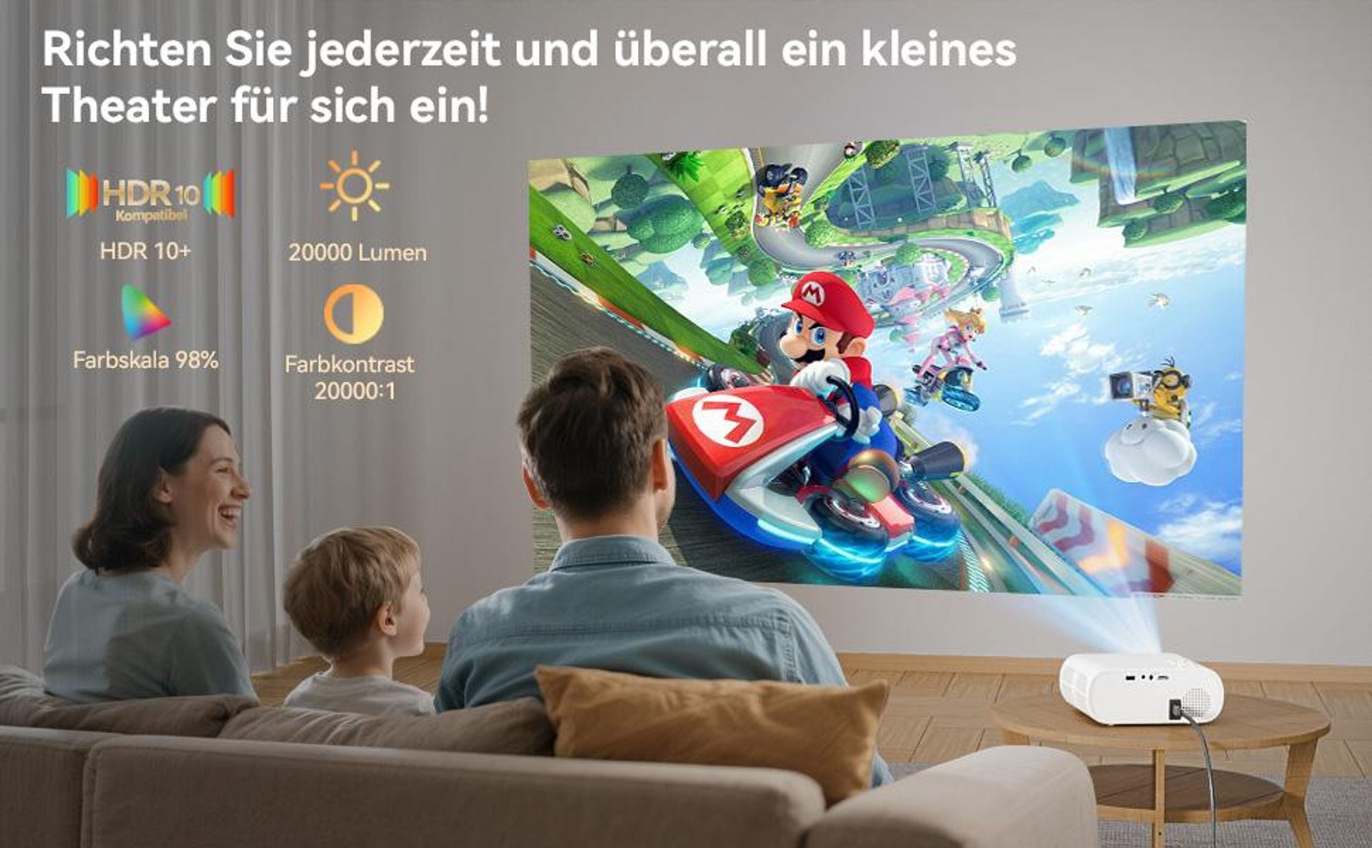 Beamer 4K Mit Netflix (Elektrischer Fokus) Beamer (20000 lm, 20000 : 1, 3840x2160, 1920x1080 px, Elektrische Fokussierung