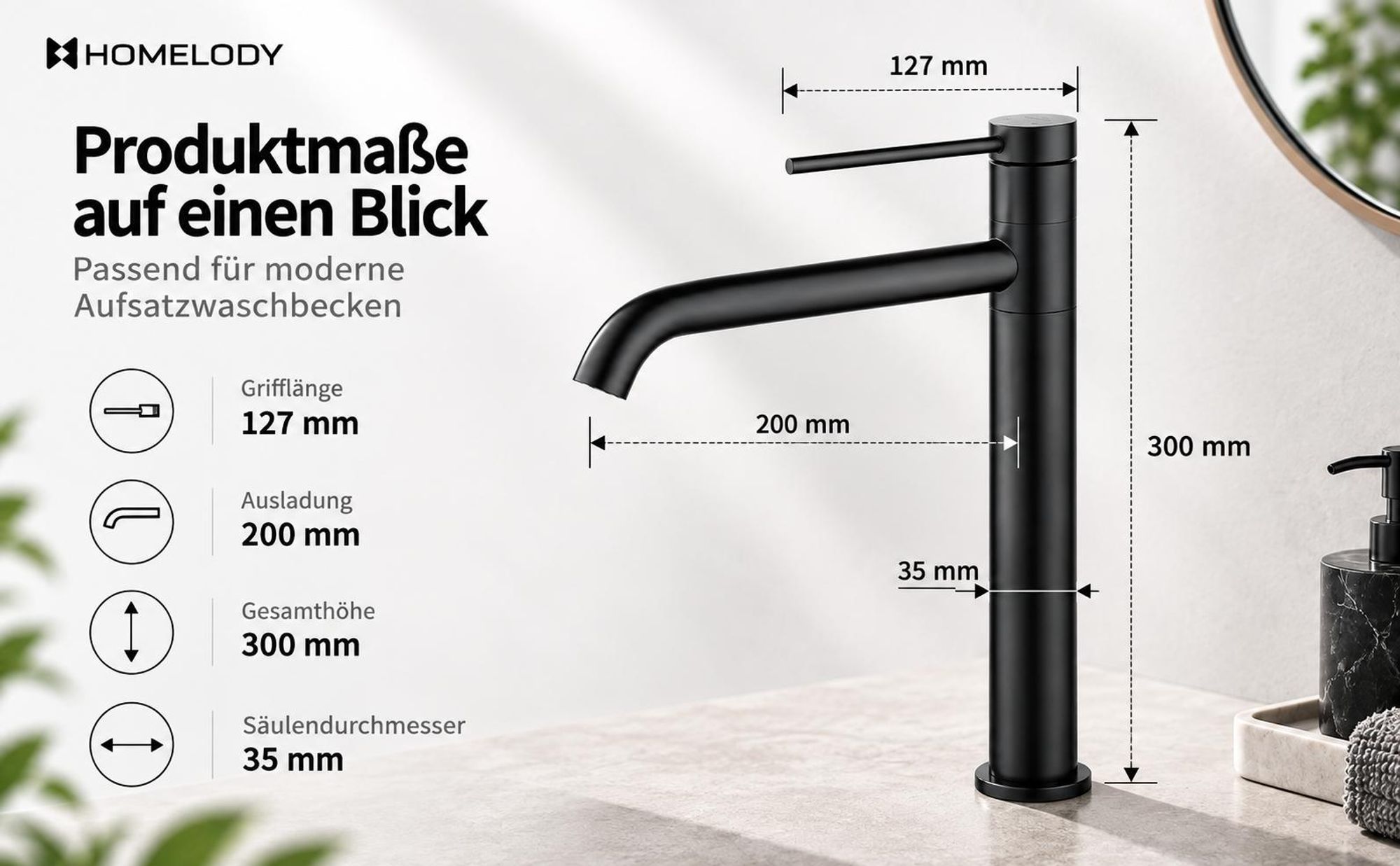 2 x Homelody Badarmatur Wasserhahn Bad aus Edelstahl Waschbecken Armatur mit hohe Ausflauf Mischbatterien 180° Schwenkbar Waschtischarmatur, Schwarz
