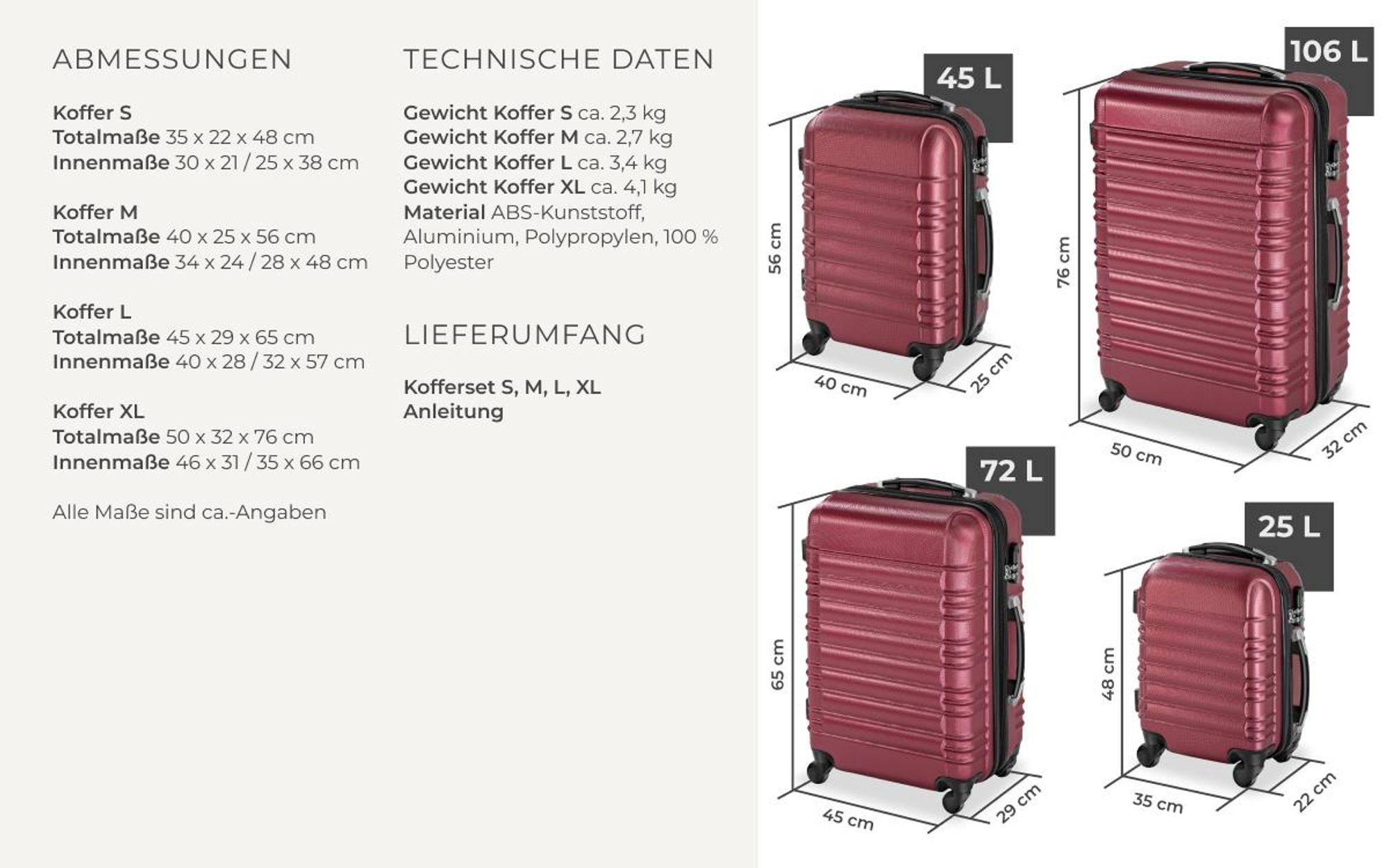 tectake® Hartschalenkoffer-Set 4-teilig, aus robustem ABS-Kunststoff