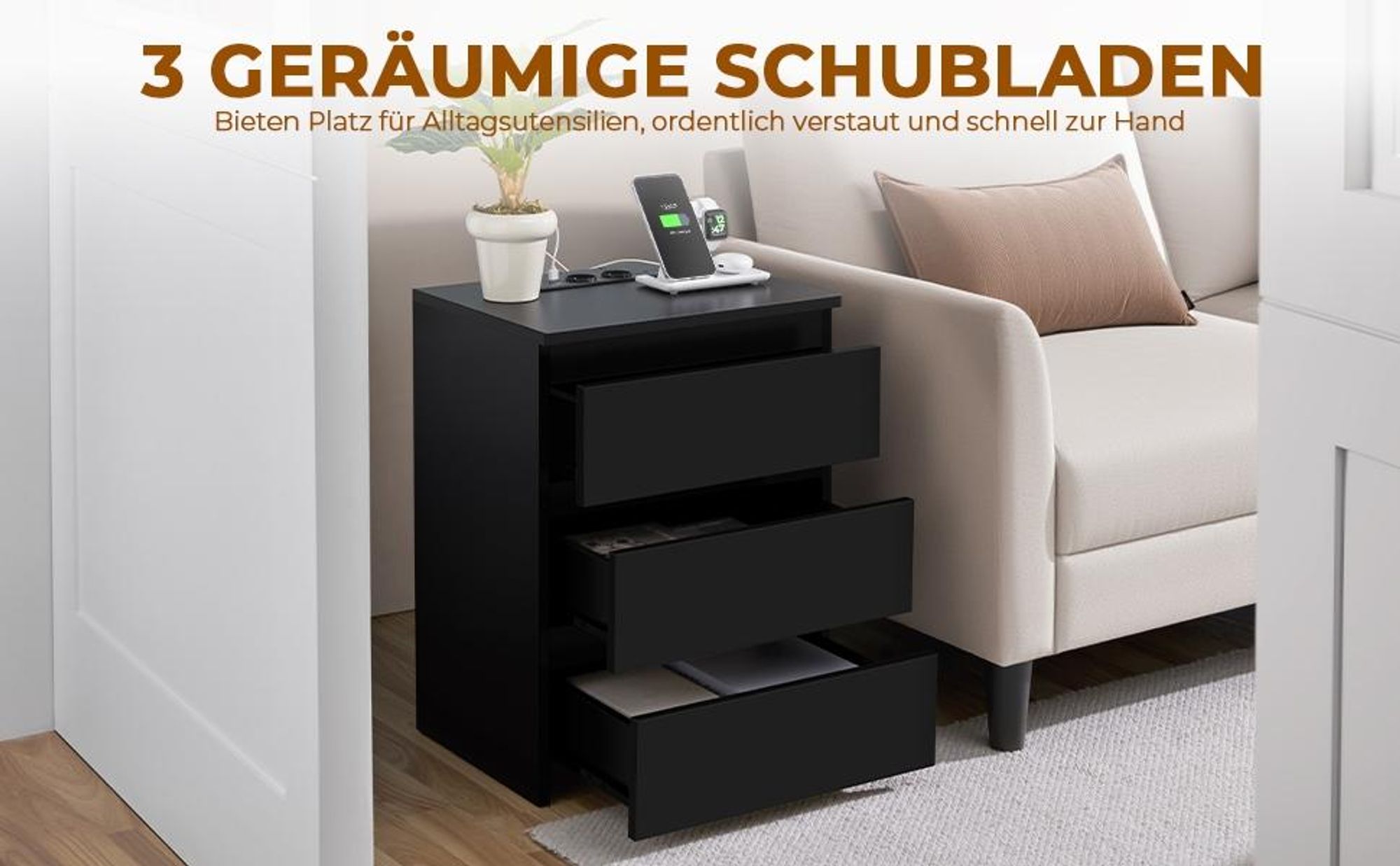 Yaheetech Nachttisch Beistelltisch, 2 AC-Steckdosen, 2 USB-Anschlüsse, aus E1 Klasse Holzplatte, Schwarz