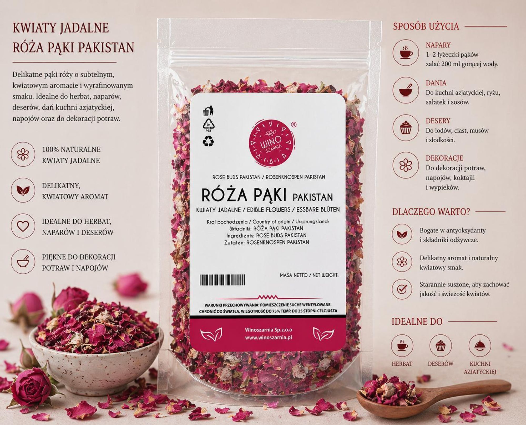 Suszone Pąki Róży Pakistan Kwiaty Jadalne - 100g