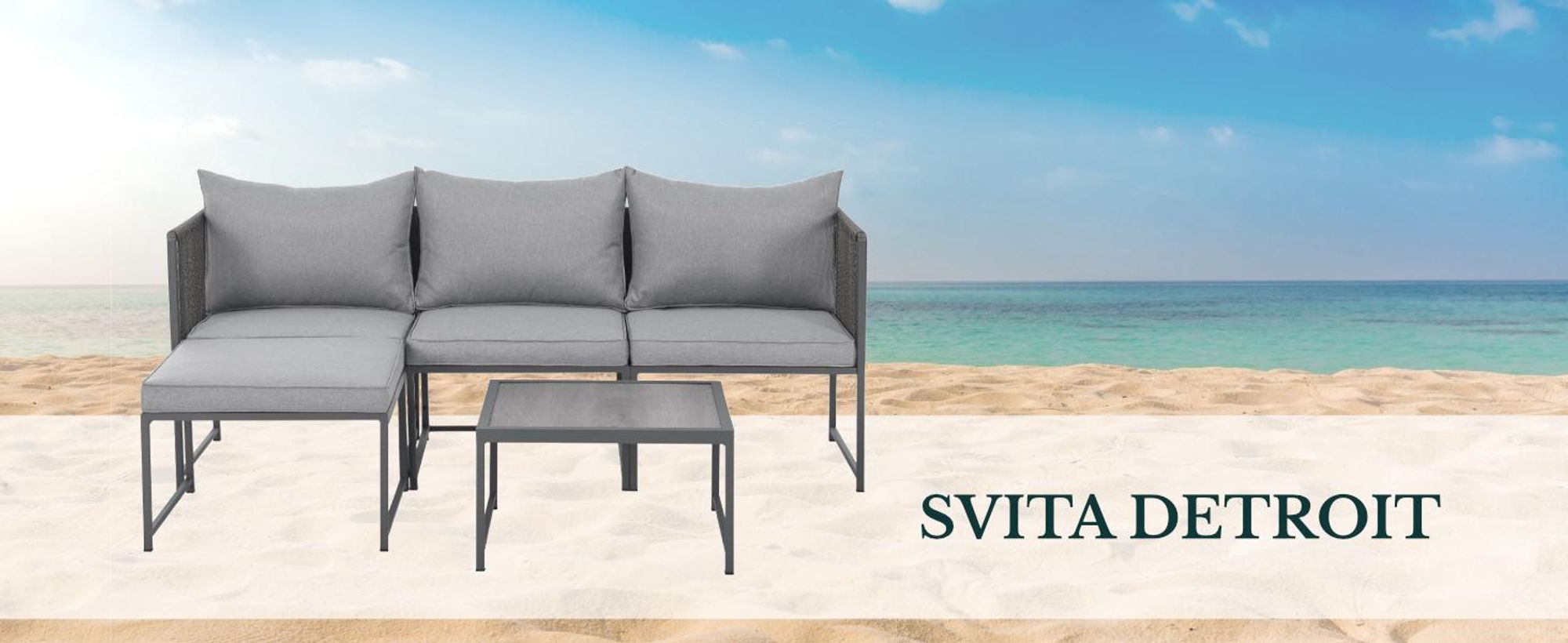 Loungeset DETROIT in Grau mit Schriftzug SVITA DETROIT, im Hintergund ein Strand