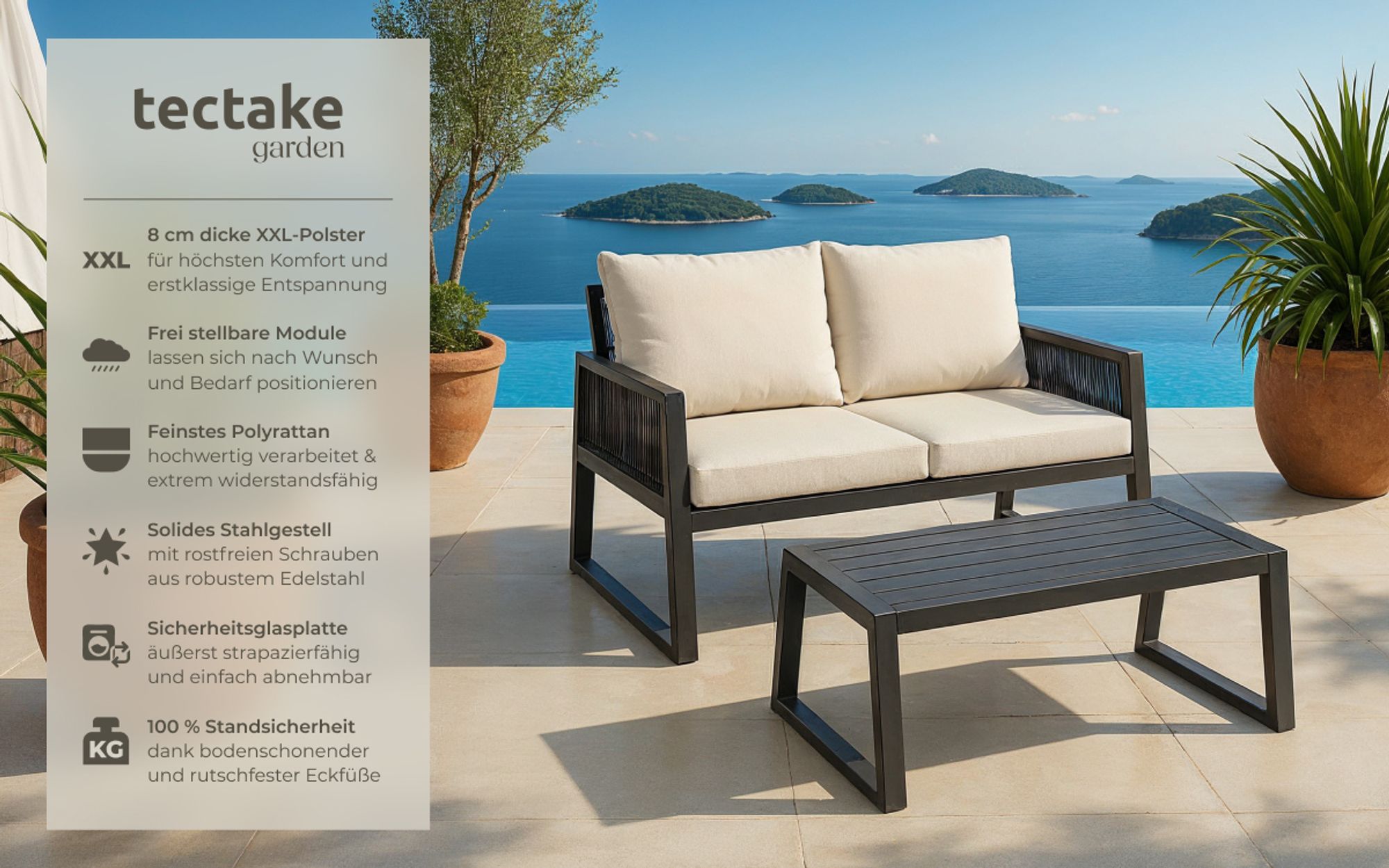 tectake Aluminium Gartenlounge-Set Captive Rope-Design 2-teilig Sofa Tisch wasserabweisend 126x76x85cm Anthrazit wetterfest Outdoor