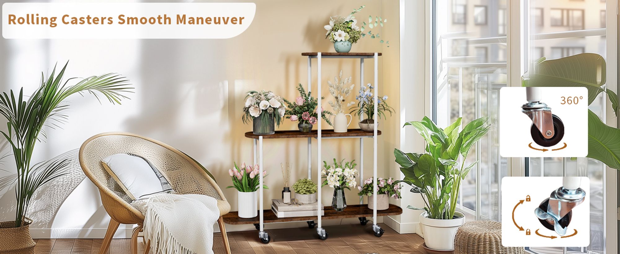 WISFOR Pflanzenregal rollbar, Blumenregal Blumenständer auf Rollen, Mehrstöckig Pflanzenständer Pflanzentreppe für Balkon Garten Terrasse,110x30x107cm