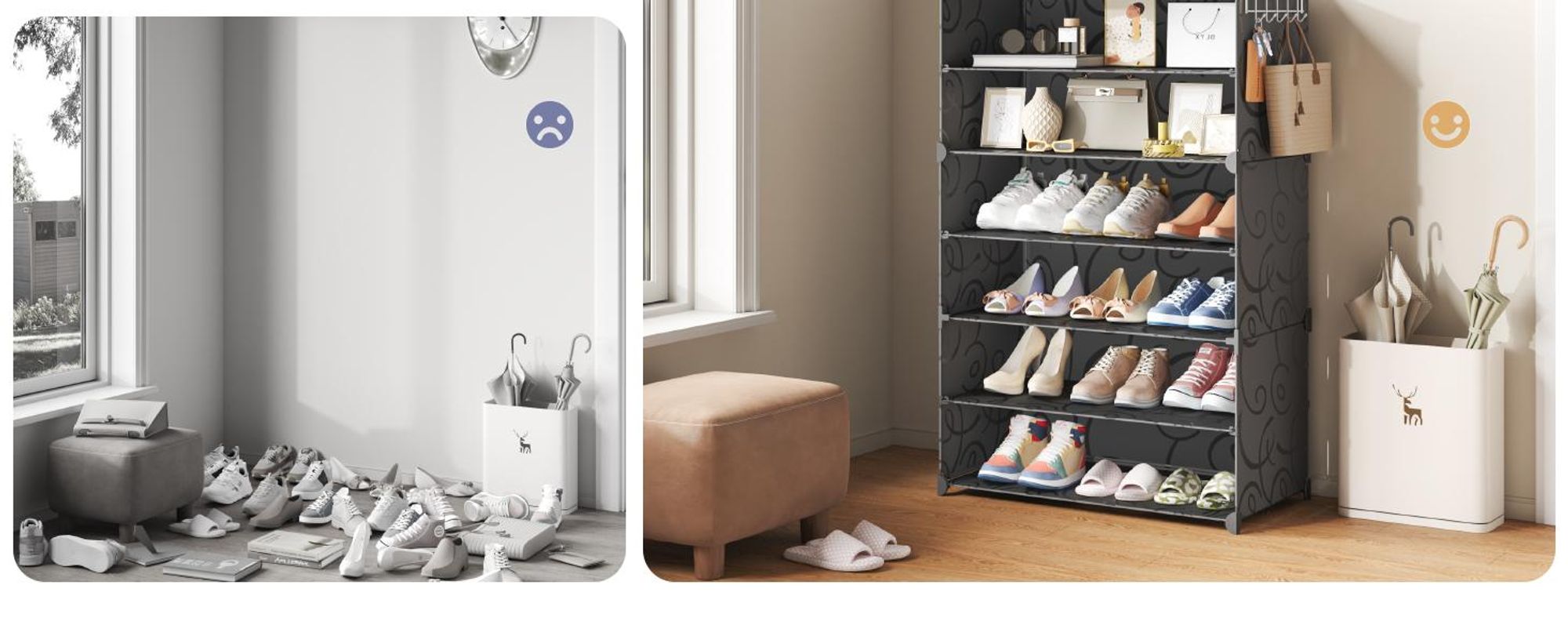 Mondeer Aufbewahrungsschrank aus PP, 6 Fächer Schuhschrank mit Haken für 18 Paar Schuhe, höhenverstellbar, für Flur & Wohnzimmer Schwarz