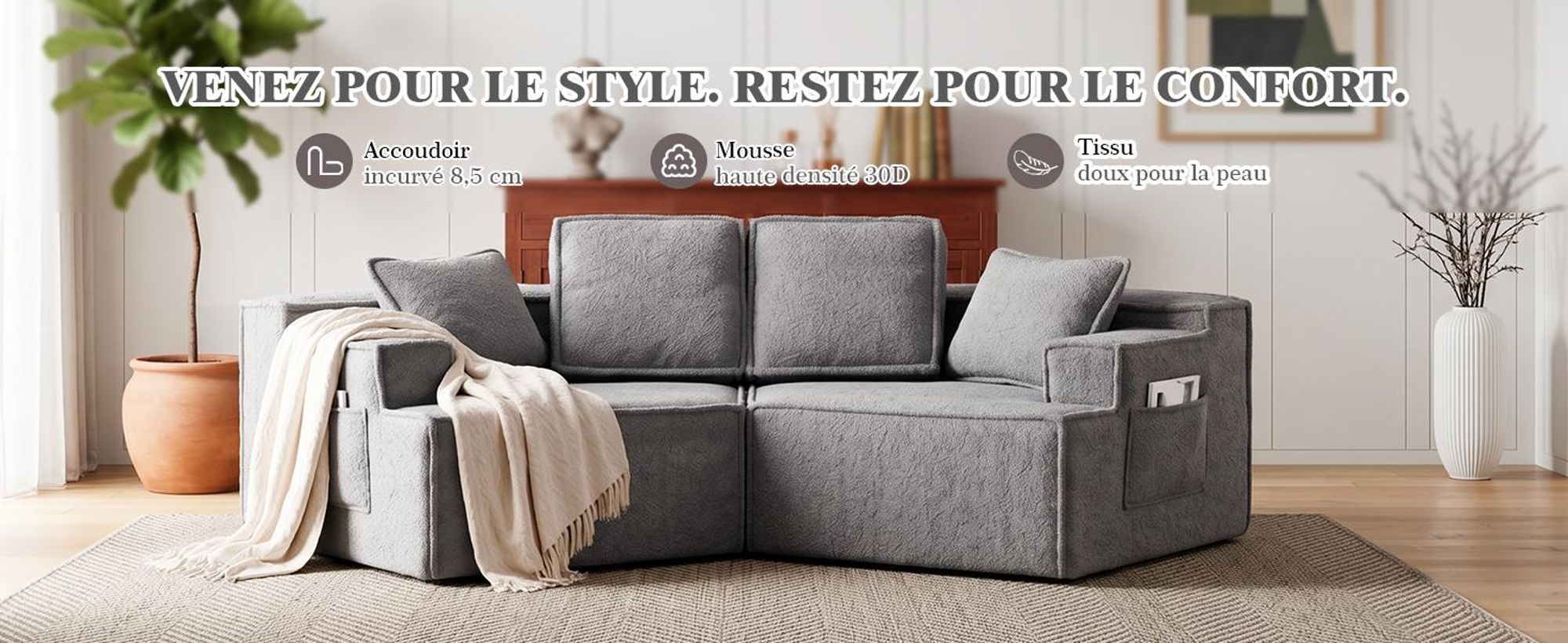 Canapé COMHOMA, 2 places, 228 x 75 x 67 cm, canapé modulaire convertible, canapé rembourré, avec sac de rangement, canapé convertible, ne nécessite pas d'assemblage