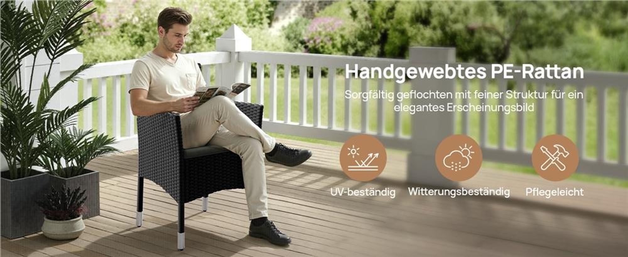 Yaheetech 2er Set Gartenstuhl aus Polyrattan, inkl. Sitz- & Rückenpolster, Gartenmöbel Set mit 2 Sessel, wasserabweisend & waschbar, Schwarz & Grau