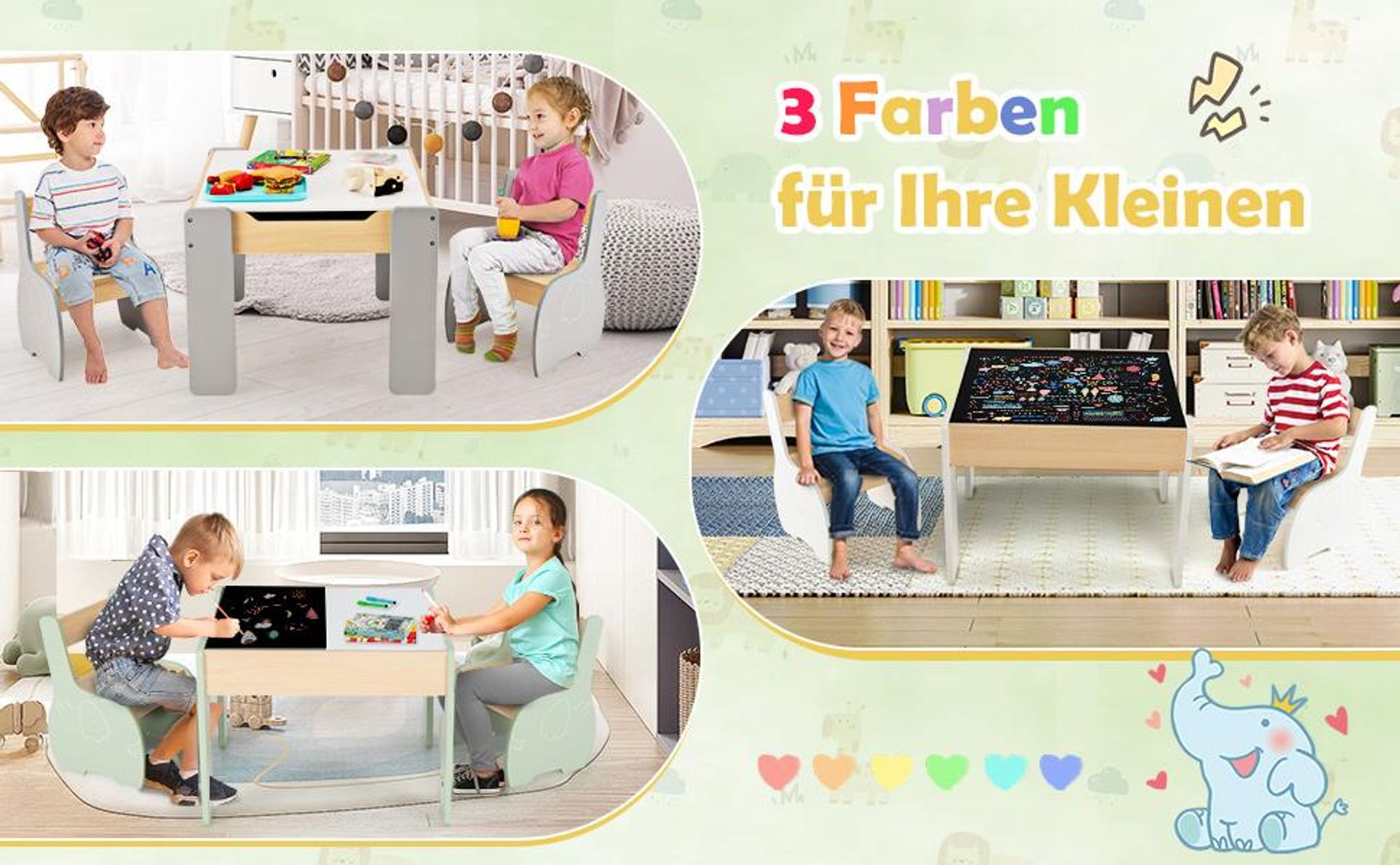 COSTWAY 3tlg. Kindersitzgruppe aus Holz, 4-in-1-Kindertisch mit 2 Stühlen & Abnehmbarer Tafel, Kindermöbel-Set mit Stauraum für Spielzimmer, Kindergarten (Grün)