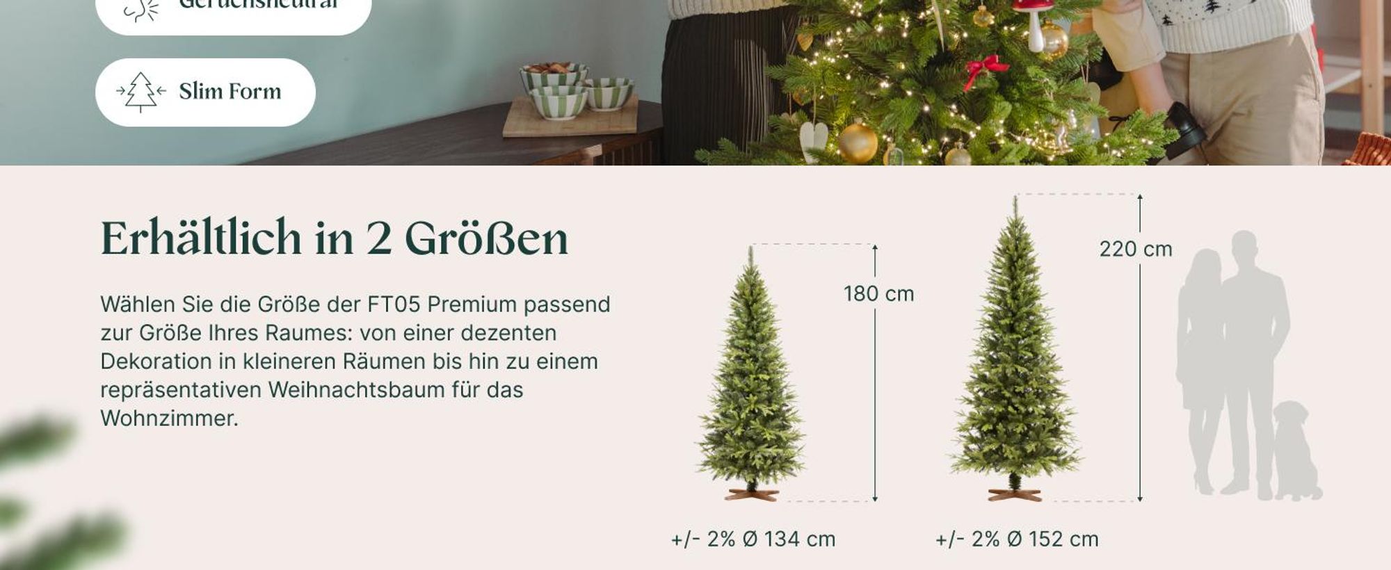 FAIRYTREES Weihnachtsbaum künstlich 180cm Nordmanntanne SLIM Premium | Tannenbaum Holzständer |  EU | Christbaum künstlich mit Naturgetreue Spritzguss Elemente