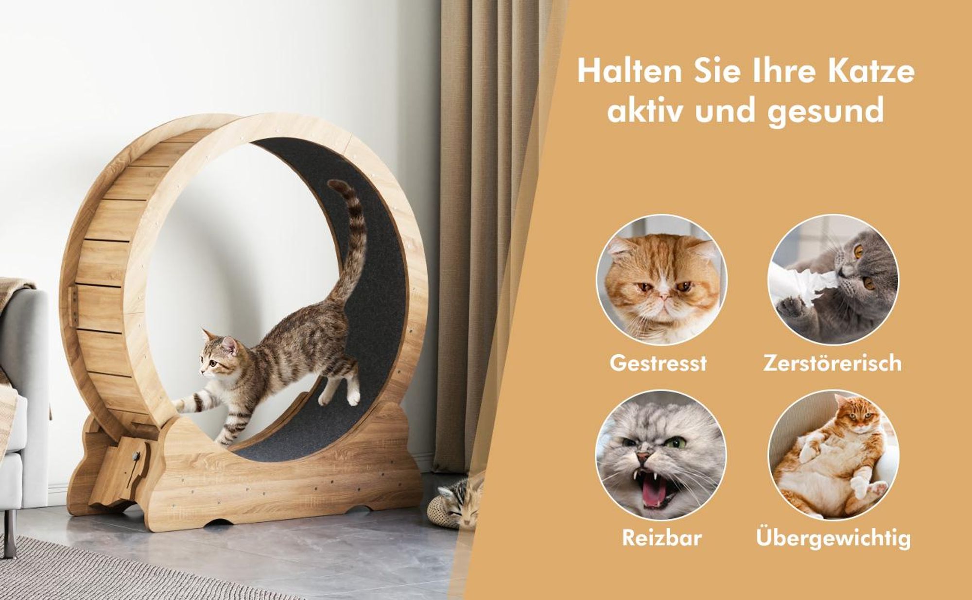 Mondeer Tier-Intelligenzspielzeug Laufband für Katzen,Innendurchmesser 80cm,Sicherheitsschloss-Design, Leises Scrollrad,90 x 97 x 36CM Naturholz
